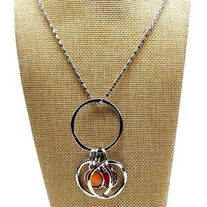 Long Silver Tone Necklace Cascading Circular Pendant & Coral Orange Stone Accent